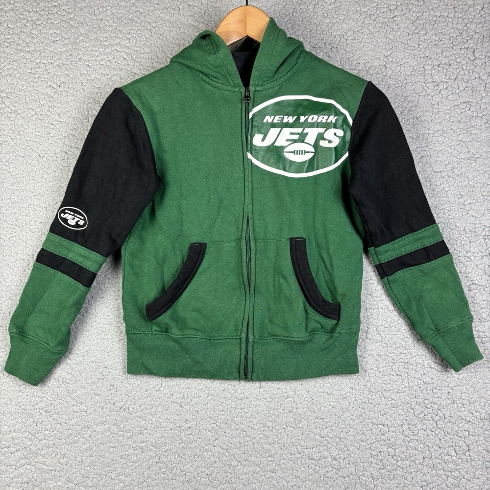 NY JETS Youth Hoodie Full Zip Team Apparel Fleece Jacket Green 16.5 Pit To Pit